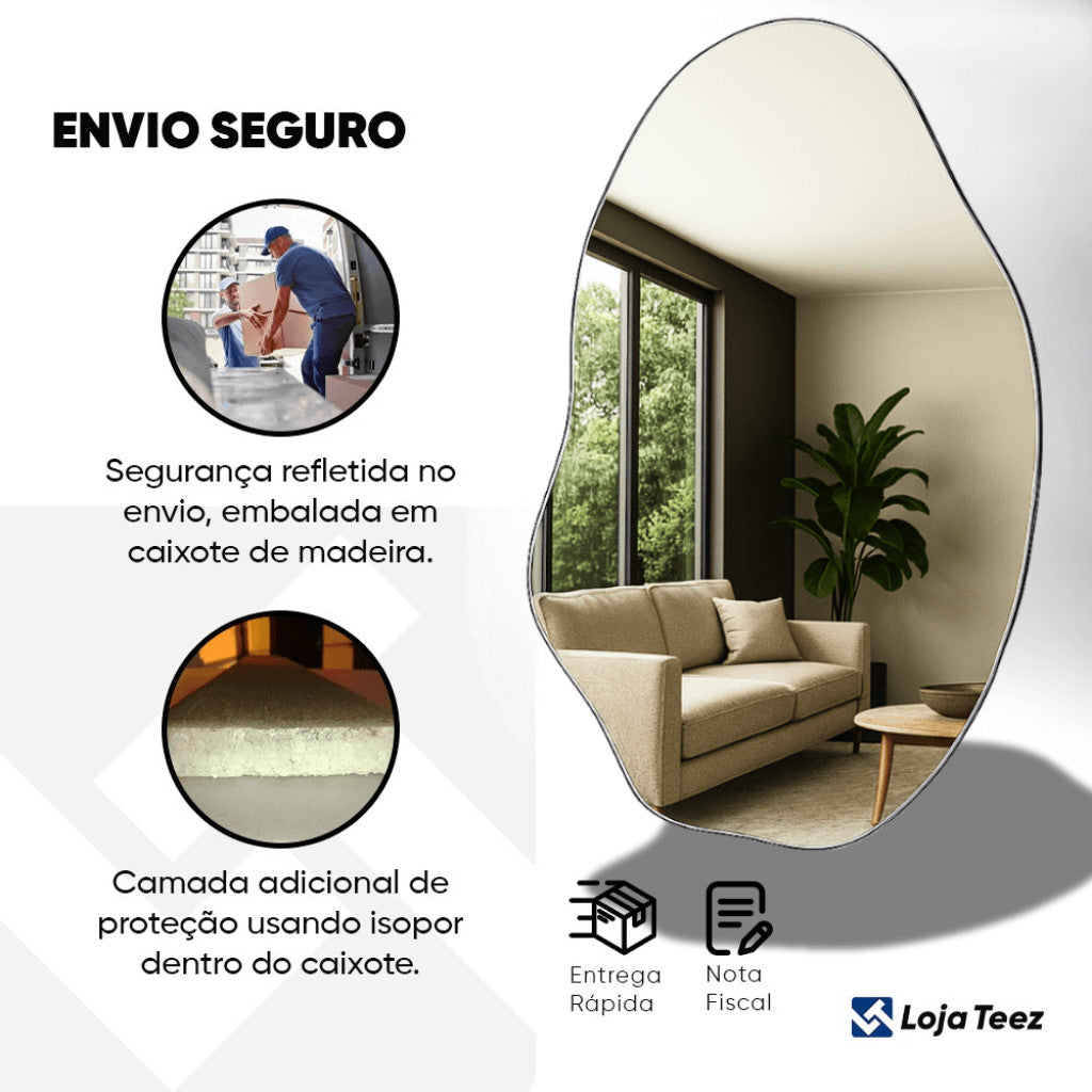 Espelho Decorativo 90x60 Orgânico com Led Quente ou Frio Parede Moderno Sala Fácil de Instalar