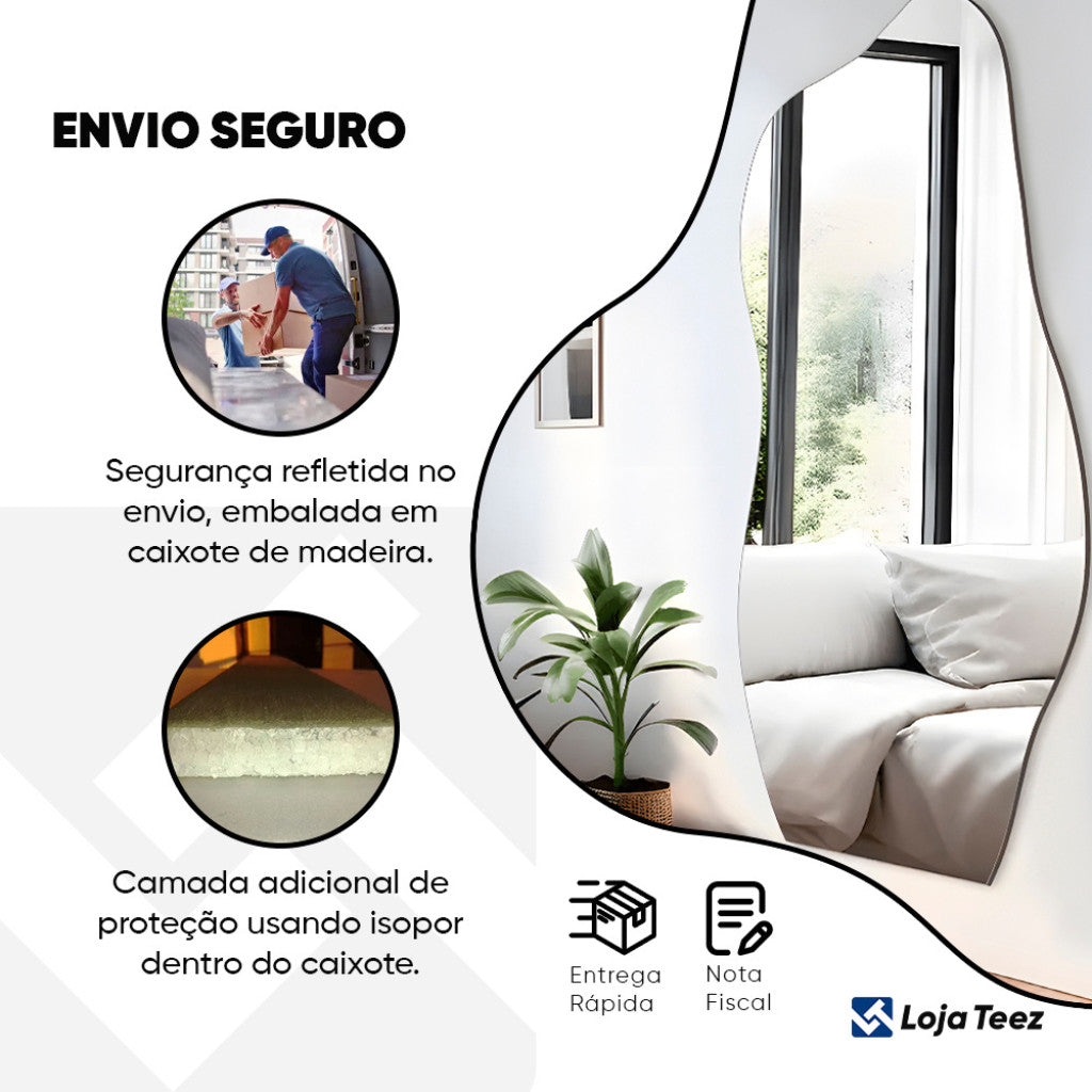 Espelho Orgânico 110X50cm de LED em Forma de Onda 3mm Lapidado de Corpo Inteiro Arte Moderna Sala de Estar/Quarto/Salão