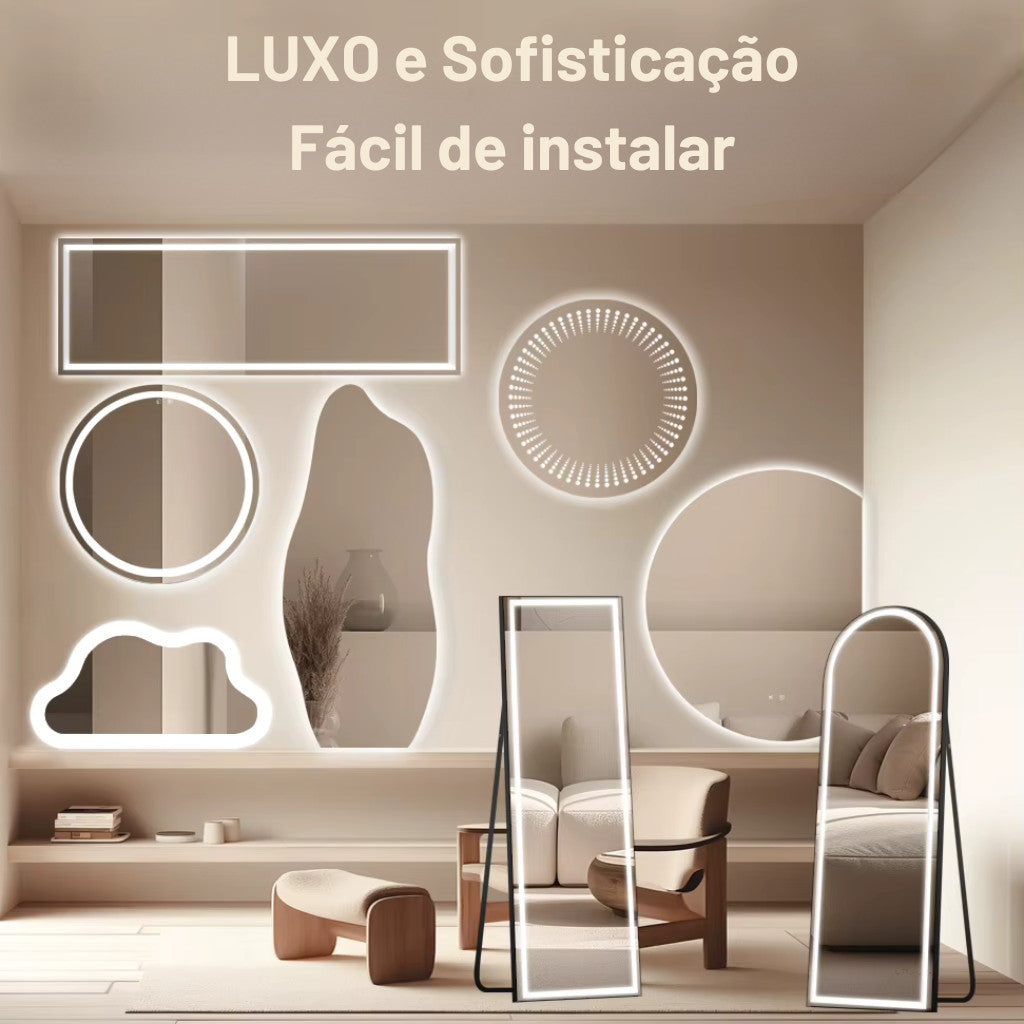 Espelho Orgânico 110X50cm de LED em Forma de Onda 3mm Lapidado de Corpo Inteiro Arte Moderna Sala de Estar/Quarto/Salão