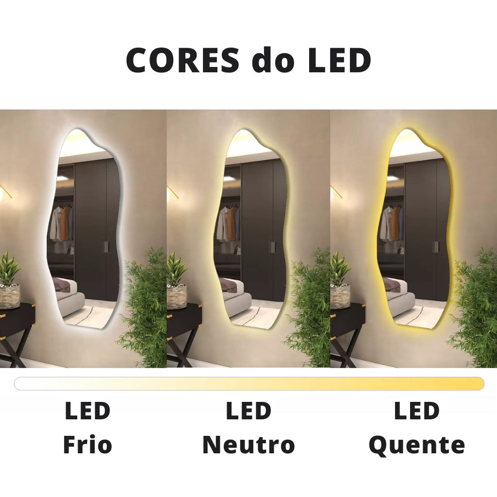 Espelhos Orgânico LED de Salão 110cm x 50cm com Iluminação para Decoração de Parede de Corpo Inteiro Instalação Simples