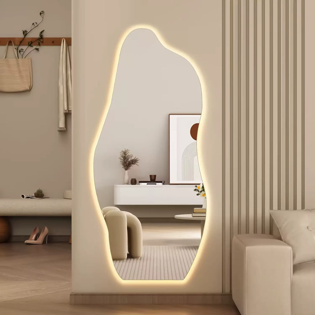 Espelhos Orgânico LED de Salão 110cm x 50cm com Iluminação para Decoração de Parede de Corpo Inteiro Instalação Simples
