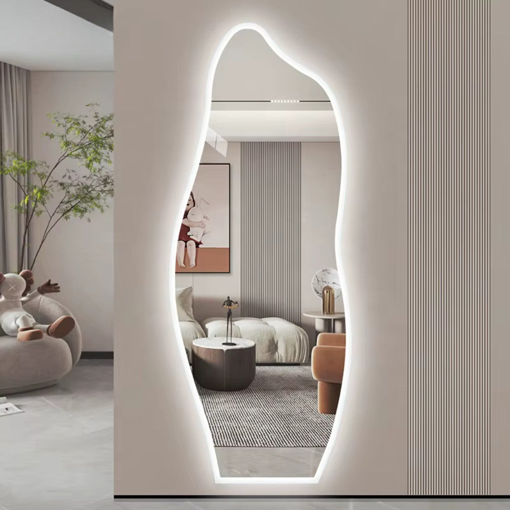 Espelho Orgânico 110X50cm de LED em Forma de Onda 3mm Lapidado de Corpo Inteiro Arte Moderna Sala de Estar/Quarto/Salão